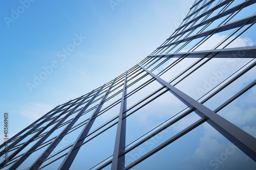 Low angle view of futuristic modern architecture  Skyscraper of corporate office building  3D rendering.