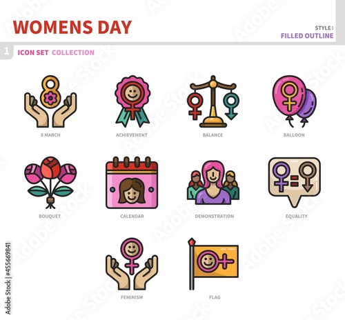 womens day icon set,filled outline style,vector and illustration
