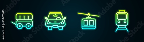 Set line Wild west covered wagon, Car, Cable car and Train and railway. Glowing neon icon. Vector