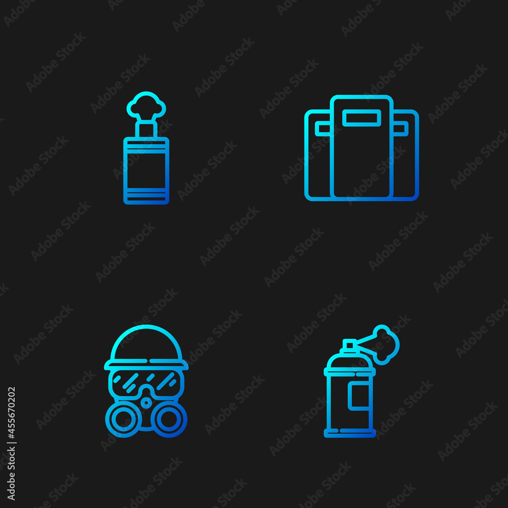 Set line Paint spray can, Gas mask, Hand grenade and Police assault shield. Gradient color icons. Vector