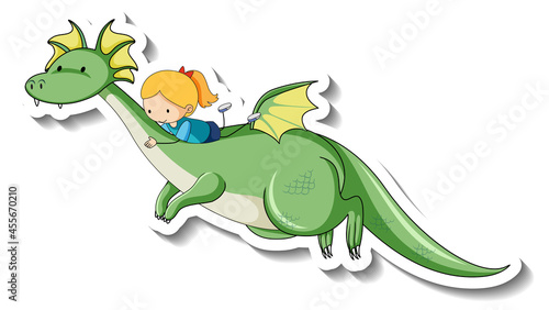 Sticker template with a little girl riding a fantasy dragon