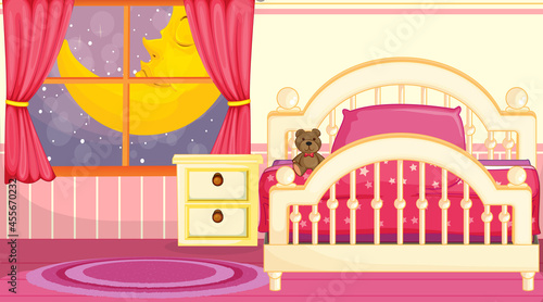 Kids bedroom interior design with furniture in pink theme