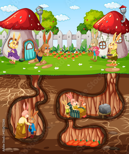 Underground rabbit hole with ground surface of the garden scene