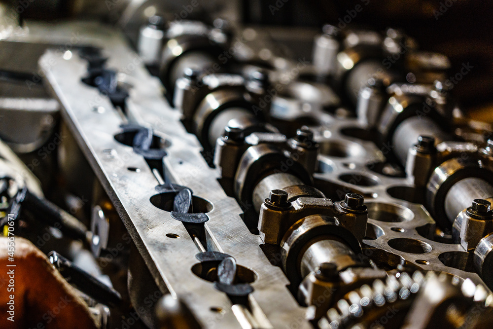 Engine closeup, cylinder head with valves detail Engine closeup, cylinder head with valves detail