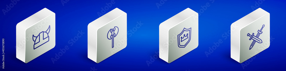 Set Isometric line Viking in horned helmet, Medieval axe, Shield with crown and Crossed medieval sword icon. Vector Set Isometric line Viking in horned helmet, Medieval axe, Shield with crown and Crossed medieval sword icon. Vector