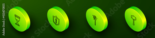 Set Isometric line Medieval goblet, shield with sword, Magic staff and Hammer icon. Vector