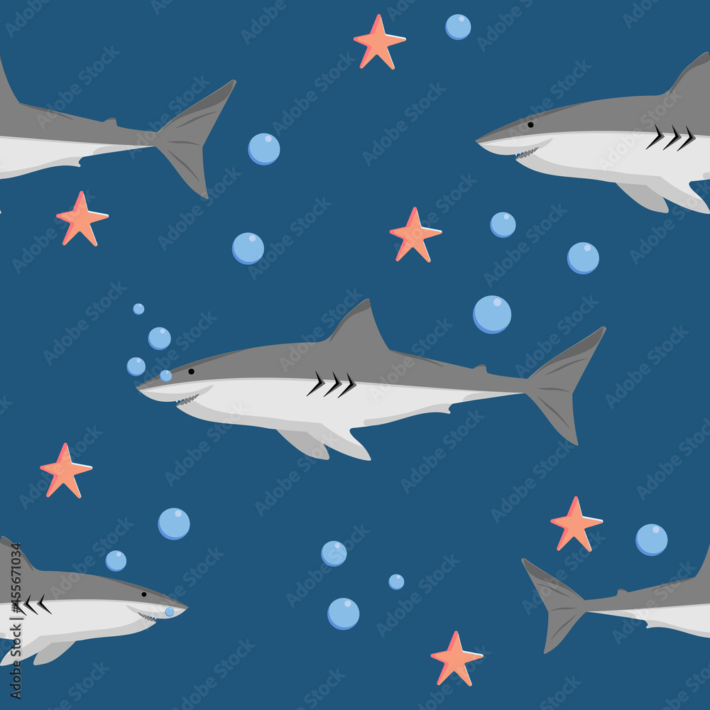 Naklejka premium Cute Sharks and Starfish Seamless Pattern Background Vector Illustration