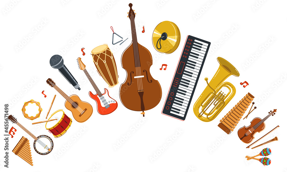 Music orchestra diverse instruments vector flat illustration isolated on white background, live sound concert or festival, musical band or orchestra playing and singing songs. - obrazy, fototapety, plakaty 