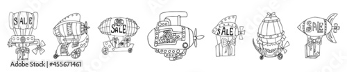  horizontal border of vector linear airships in the steampunk style with the inscription sale Banner for sale.  set of fantastic flying balls in the style of doodles. Isolated on a white background.