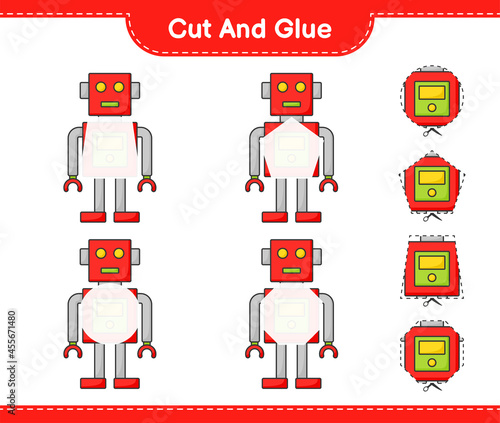 Cut and glue, cut parts of Robot Character and glue them. Educational children game, printable worksheet, vector illustration