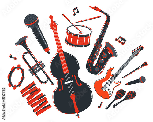 Jazz music band concept different instruments vector flat illustration isolated on white background, live sound festival or concert, musician different instruments set.