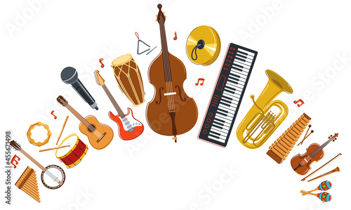 Music orchestra diverse instruments vector flat illustration isolated on white background, live sound concert or festival, musical band or orchestra playing and singing songs.
