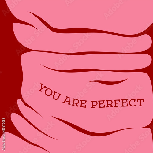 vector trendy illustration on the theme of body positive. the belly of a sitting girl does not look perfect with fat folds. the text "you are perfect". love yourself and your body. accept your body.