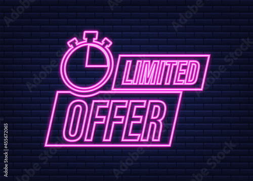 Limited Offer Labels. Alarm clock countdown logo. Neon icon. Limited time offer badge. Vector illustration.