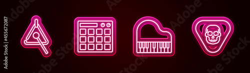 Set line Triangle, Drum machine, Grand piano and Guitar pick. Glowing neon icon. Vector
