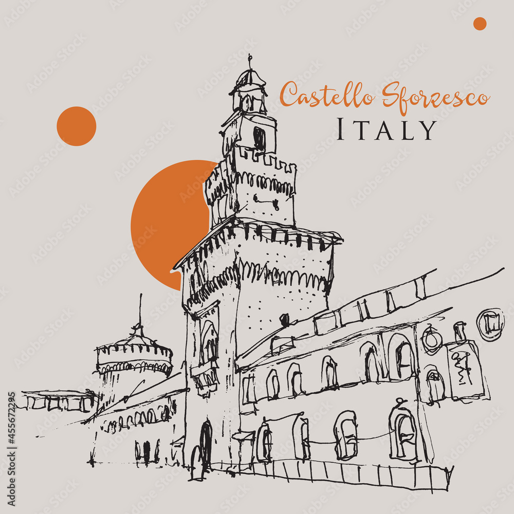 Drawing sketch illustration of Castello Sforzesco in Milan, Italy