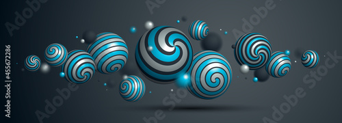 Realistic decorated spheres vector illustration, abstract background with beautiful balls with patterns and depth of field effect, 3D globes design concept art.