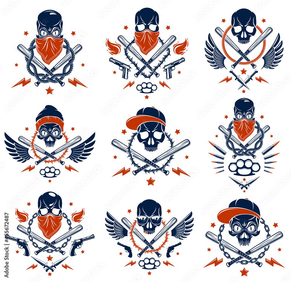 Criminal tattoo ,gang emblem or logo with aggressive skull baseball bats and other weapons and design elements, vector set, bandit ghetto vintage style, gangster anarchy or mafia theme.