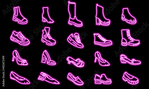 Shoes line icon set neon vector, editable stroke.Sneakers, high heels, boots outline.