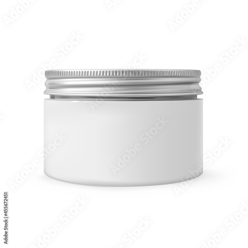 Realistic cosmetic moisturizer body cream jar mockup isolated on white background. White plastic beauty product container with metal cup 3d vector illustration