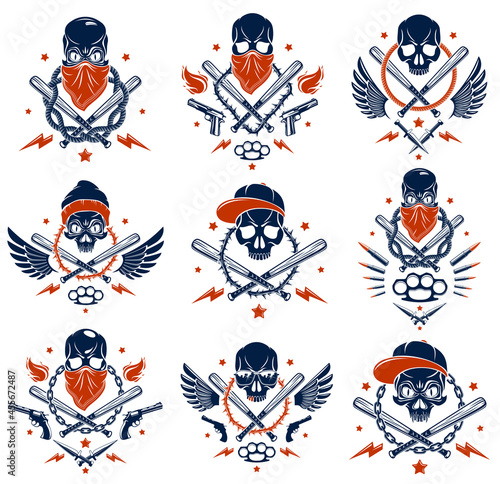 Criminal tattoo ,gang emblem or logo with aggressive skull baseball bats and other weapons and design elements, vector set, bandit ghetto vintage style, gangster anarchy or mafia theme.
