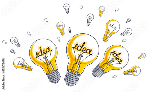 Shining light bulb and set of lightbulb icons, ideas creative concept, brainstorm allegory, vector illustration.