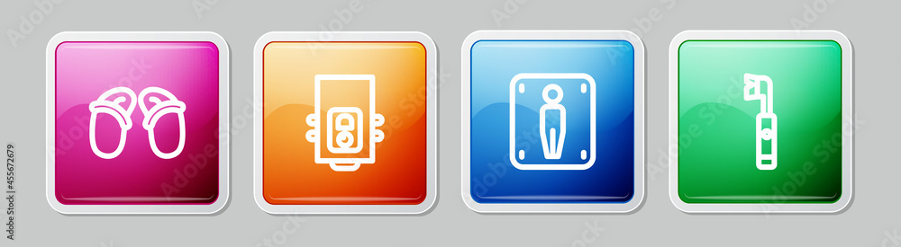 Set line Flip flops, Gas boiler, Male toilet and Electric toothbrush. Colorful square button. Vector Set line Flip flops, Gas boiler, Male toilet and Electric toothbrush. Colorful square button. Vector