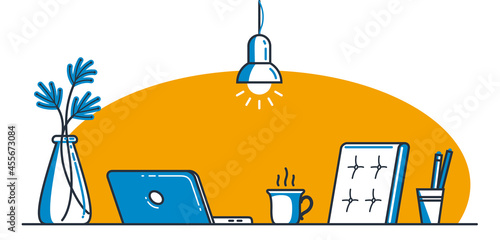 Place of work office table desk vector flat illustration isolated over white, work from home comfortable work space concept, empty chair nobody vacant job concept.