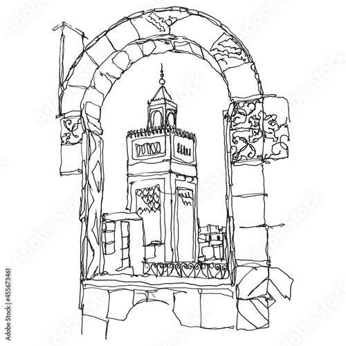 Drawing sketch illustration of Zitouna Mosque in Tunis, Tunisia