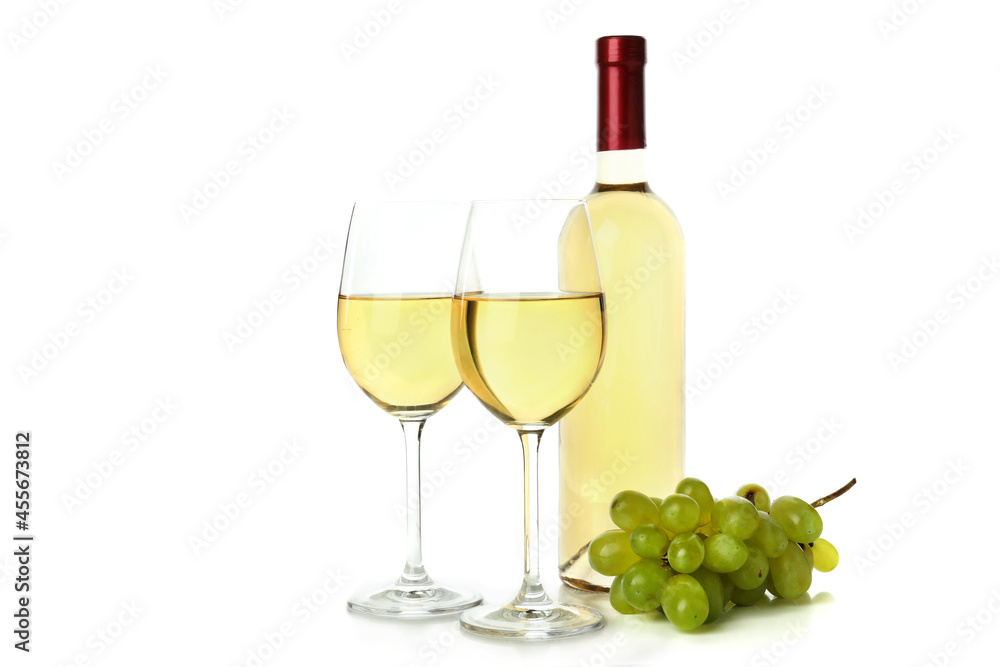 Glasses and bottle of wine, and grape isolated on white background