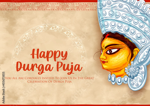 Goddess Durga Face in Happy Durga Puja Subh Navratri Indian religious header banner background