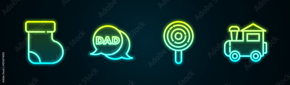 Set line Baby socks clothes, Speech bubble dad, Lollipop and Toy train. Glowing neon icon. Vector Set line Baby socks clothes, Speech bubble dad, Lollipop and Toy train. Glowing neon icon. Vector