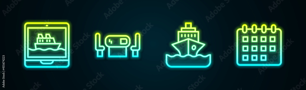 Set line Cruise ship, Poker table, and Calendar. Glowing neon icon. Vector Set line Cruise ship, Poker table, and Calendar. Glowing neon icon. Vector