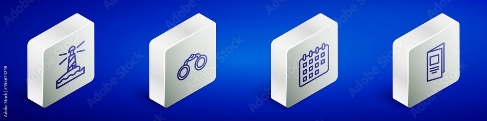 Set Isometric line Lighthouse, Binoculars, Calendar and Brochure icon. Vector Set Isometric line Lighthouse, Binoculars, Calendar and Brochure icon. Vector