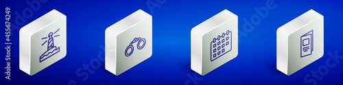 Set Isometric line Lighthouse, Binoculars, Calendar and Brochure icon. Vector