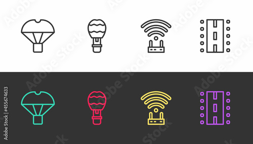 Set line Box flying on parachute, Hot air balloon, Router and wi-fi signal and Airport runway on black and white. Vector