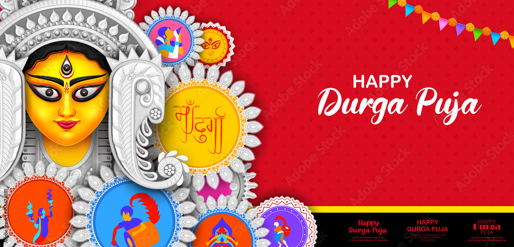 Goddess Durga Face in Happy Durga Puja Subh Navratri Indian religious  header banner background Stock Vector | Adobe Stock