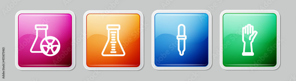 Set line Test tube radiation, and flask, Pipette and Medical rubber gloves. Colorful square button. Vector Set line Test tube radiation, and flask, Pipette and Medical rubber gloves. Colorful square button. Vector