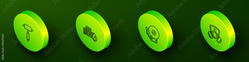 Set Isometric line Firefighter axe, in burning buildings, Ringing alarm bell and Gas mask icon. Vector Set Isometric line Firefighter axe, in burning buildings, Ringing alarm bell and Gas mask icon. Vector