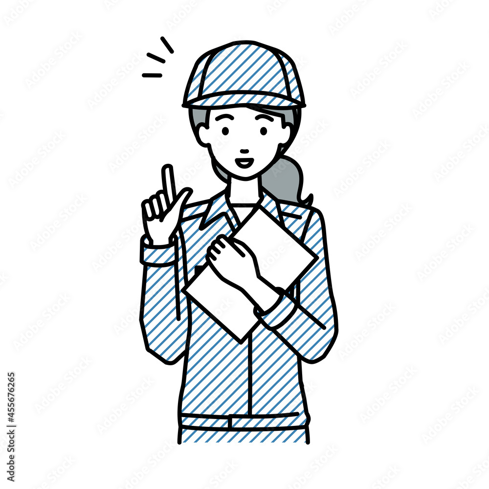 立って書類を手に持って何かひらめいた作業員の女性 立って書類を手に持って何かひらめいた作業員の女性