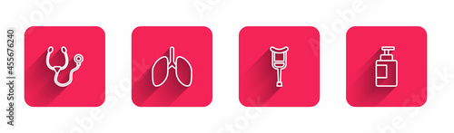 Set line Stethoscope, Lungs, Crutch or crutches and Hand sanitizer bottle with long shadow. Red square button. Vector