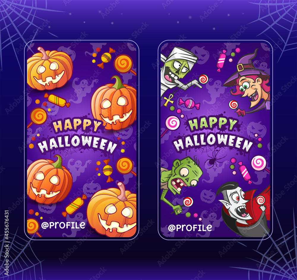 Happy Halloween. Stories templates collection. Cartoon vector illustrations for halloween. Vampire Dracula, witch, mummy and zombie with lollipops. Glowing pumpkins lanterns and candies.