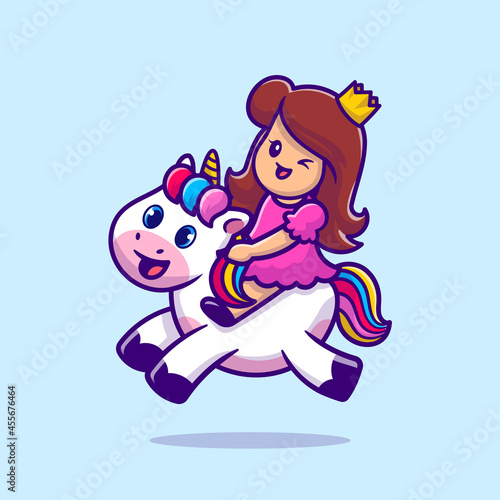 Cute Princess With Unicorn Cartoon Vector Icon Illustration. People Animal Icon Concept Isolated Premium Vector. Flat Cartoon Style