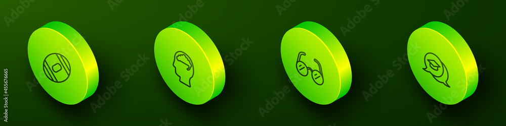 Set Isometric line American Football ball, Human brain, Glasses and Graduation cap speech bubble icon. Vector