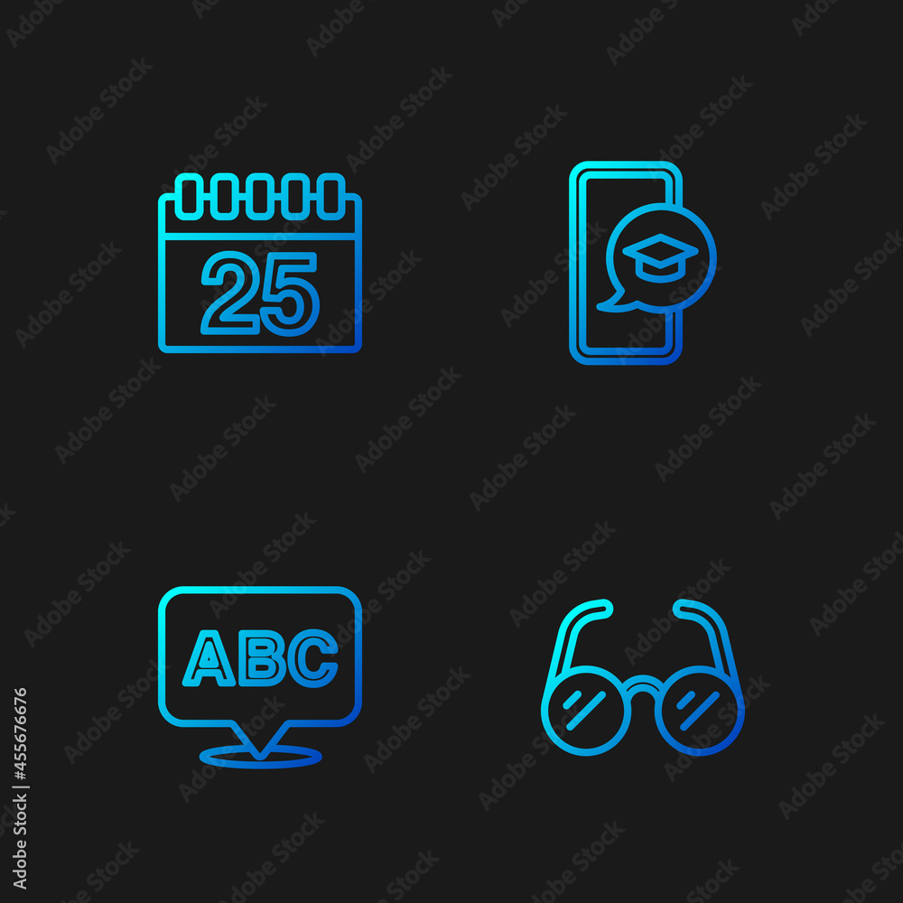 Set line Glasses, Alphabet, Calendar and Graduation cap on mobile. Gradient color icons. Vector Set line Glasses, Alphabet, Calendar and Graduation cap on mobile. Gradient color icons. Vector