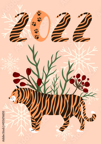 New Year of the Tiger 2022. Postcard with cute hand-drawn tiger. Wild animal. Christmas and new year holidays. Vector illustration.