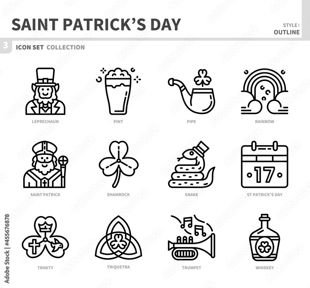 saint patrick's day icon set,outline style,vector and illustration