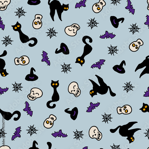 Halloween seamless pattern. Image of cute cats, shards and cobwebs. Vector illustration. Web