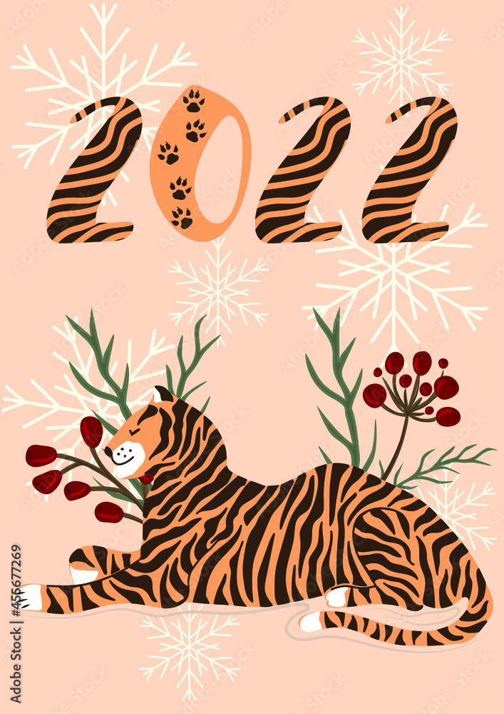 Obraz premium New Year of the Tiger 2022. Postcard with cute hand-drawn tiger. Wild animal. Christmas and new year holidays. Vector illustration.