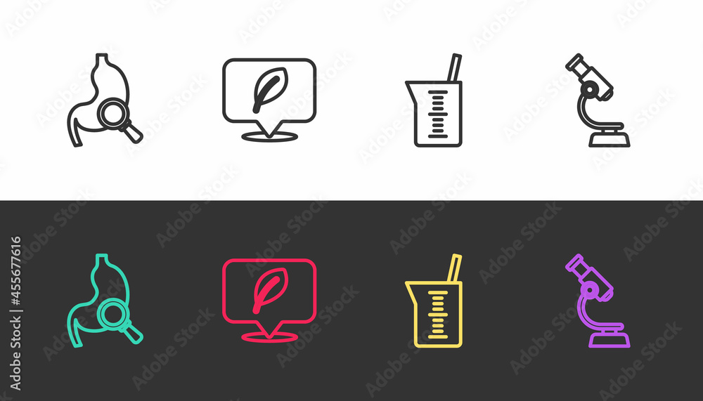 Set line Stomach with magnifying glass, Location leaf, Laboratory glassware or beaker and Microscope on black and white. Vector Set line Stomach with magnifying glass, Location leaf, Laboratory glassware or beaker and Microscope on black and white. Vector